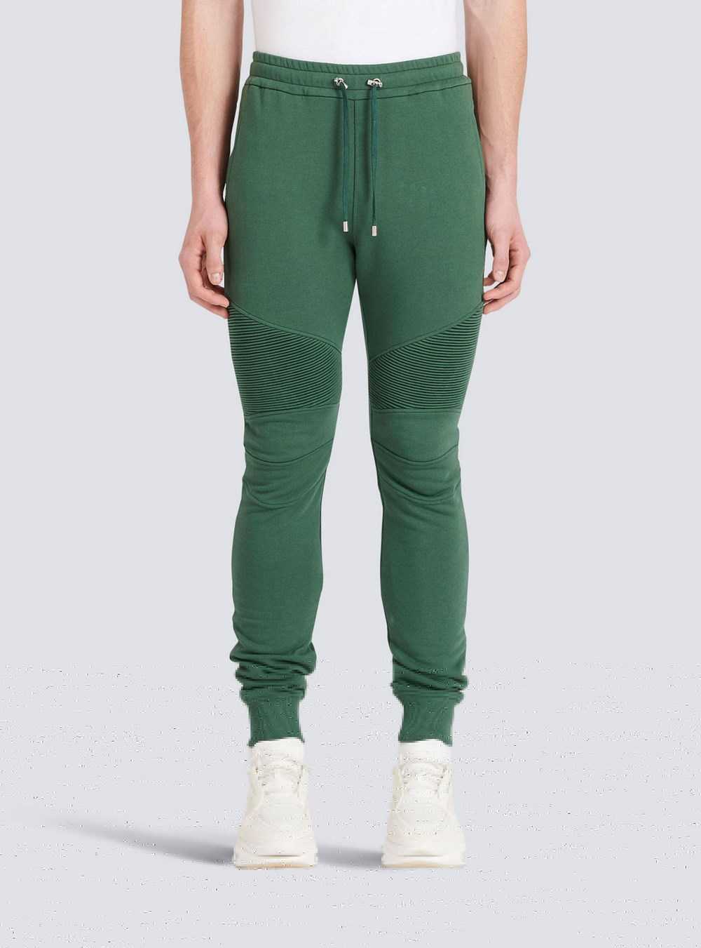 Balmain Cotton Sweatpants With Flocked Balmain Paris Logo Green | EDLHOWP-89