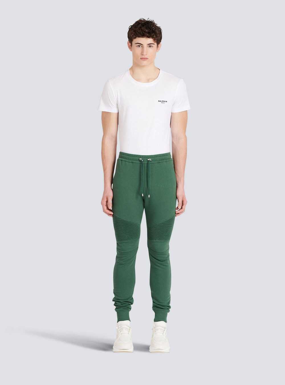 Balmain Cotton Sweatpants With Flocked Balmain Paris Logo Green | EDLHOWP-89