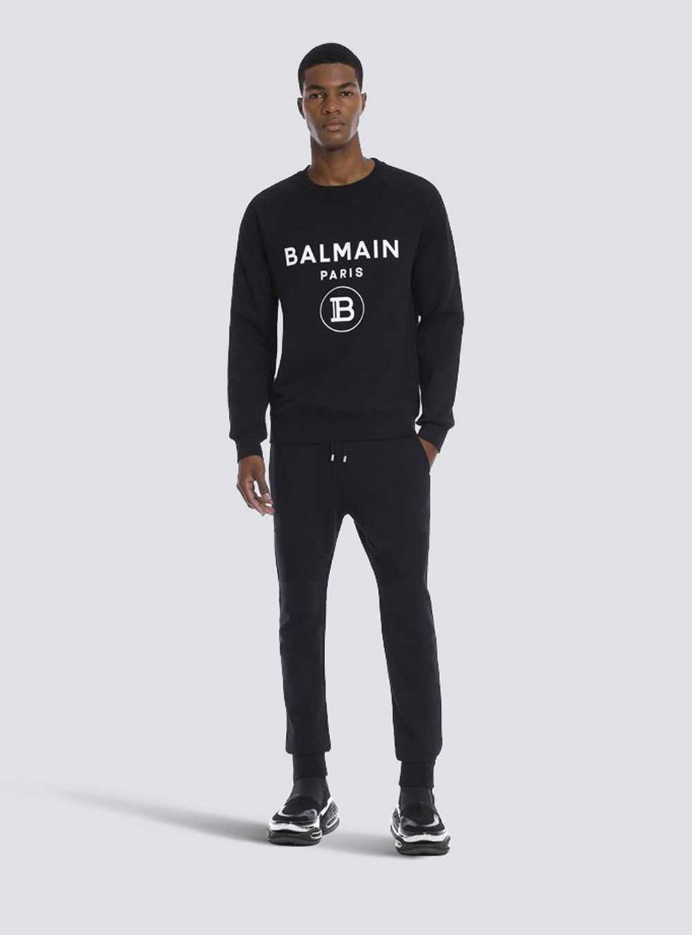 Balmain Cotton Sweatpants With Flocked Balmain Paris Logo Black | GUSAHWO-81