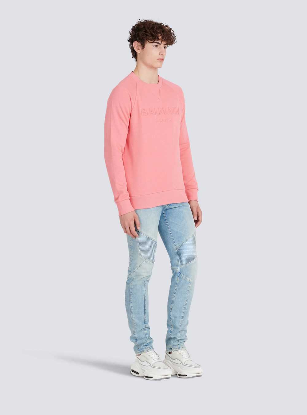 Balmain Cotton Sweatshirt With Embossed Balmain Logo Pink | FGQWEZR-43