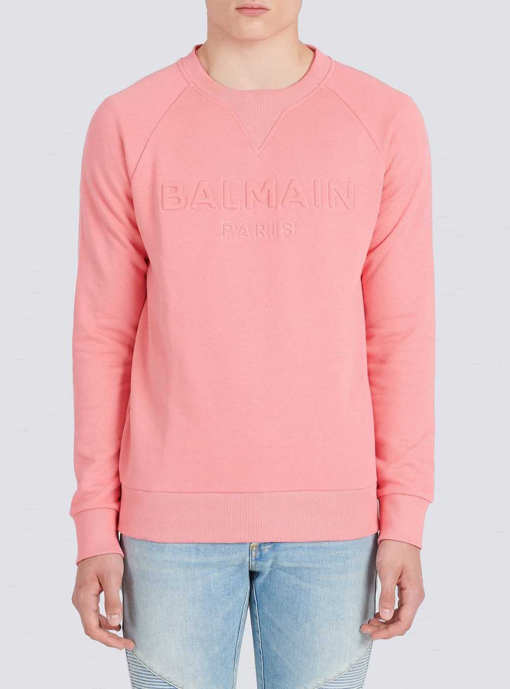 Balmain Cotton Sweatshirt With Embossed Balmain Logo Pink | FGQWEZR-43