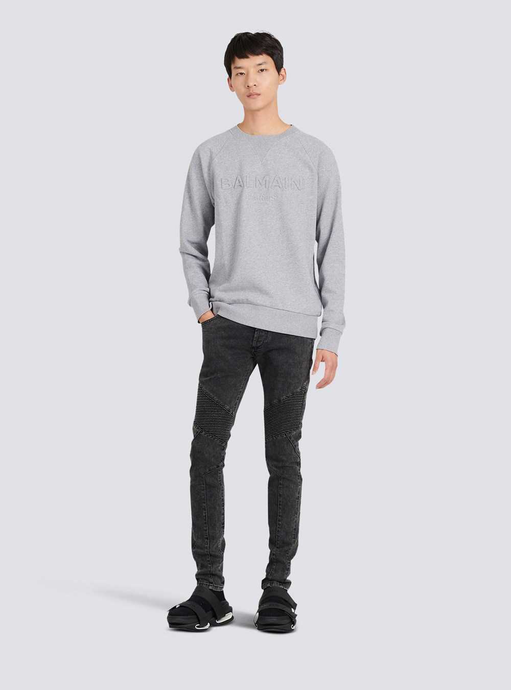 Balmain Cotton Sweatshirt With Embossed Balmain Logo Grey | OCKGLMZ-91