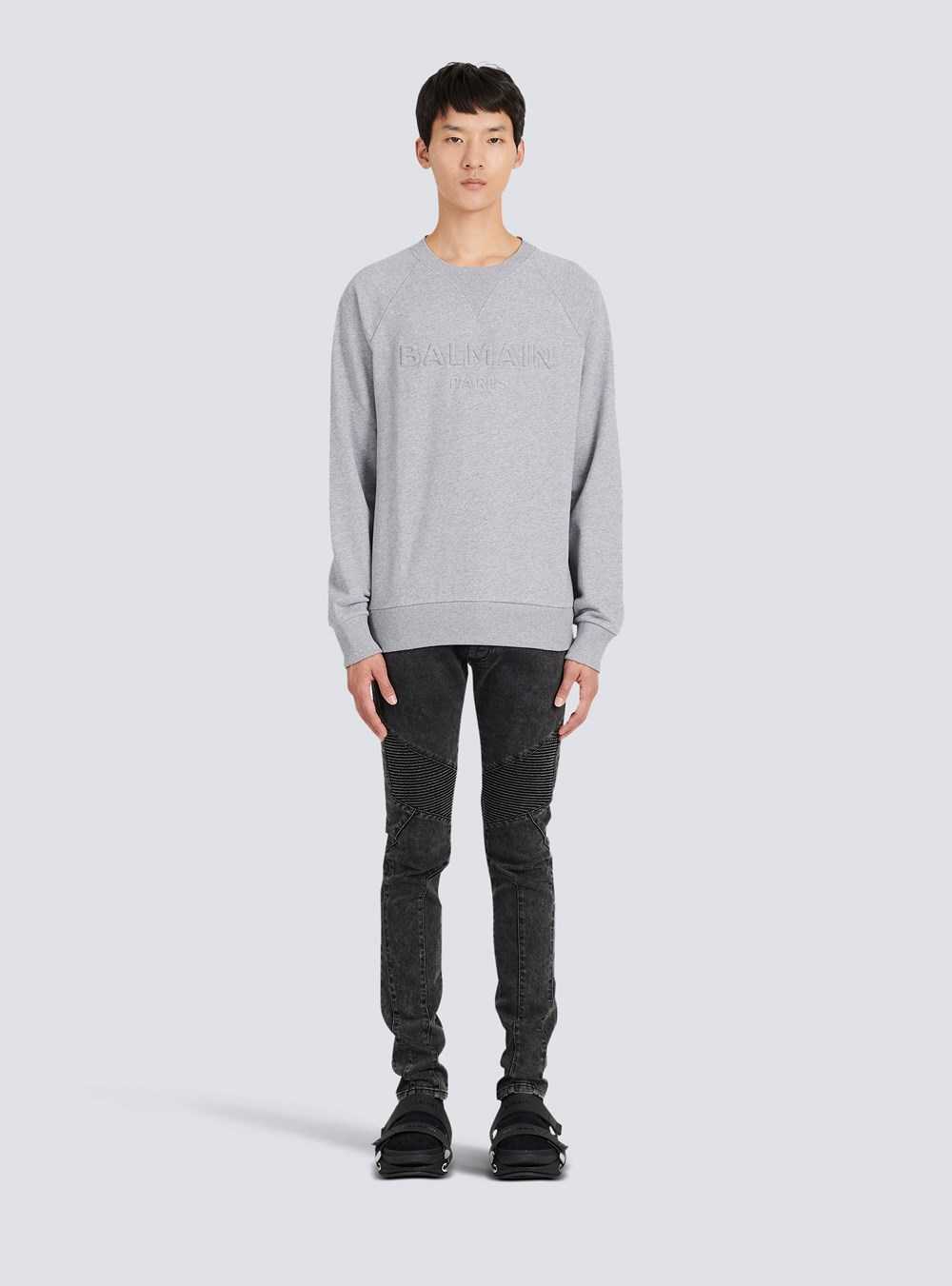 Balmain Cotton Sweatshirt With Embossed Balmain Logo Grey | OCKGLMZ-91