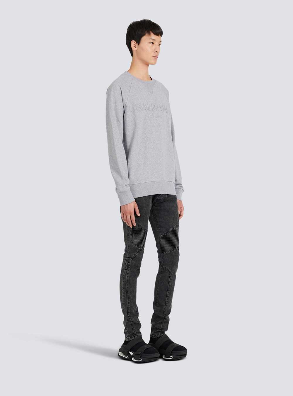 Balmain Cotton Sweatshirt With Embossed Balmain Logo Grey | OCKGLMZ-91