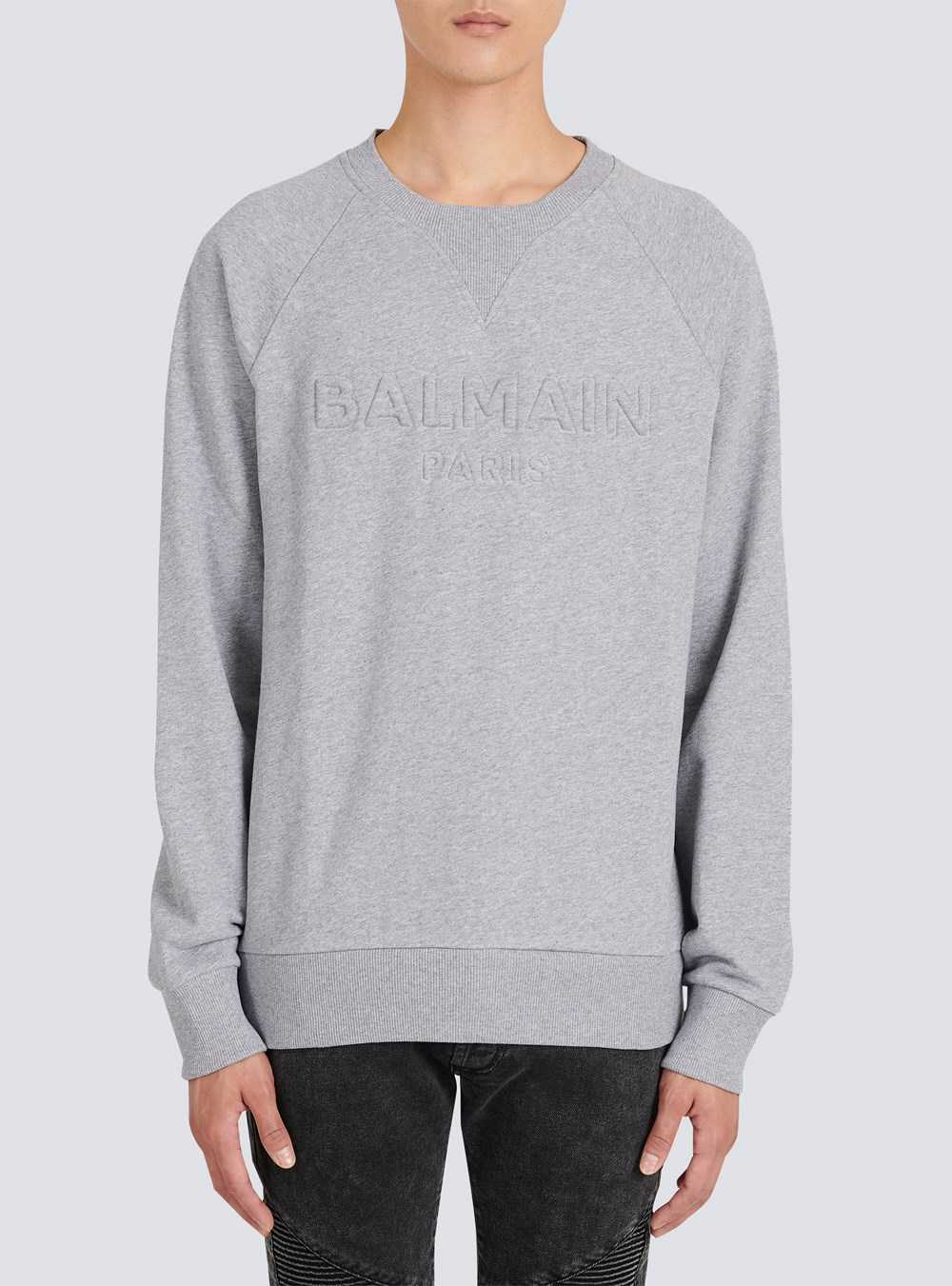 Balmain Cotton Sweatshirt With Embossed Balmain Logo Grey | OCKGLMZ-91