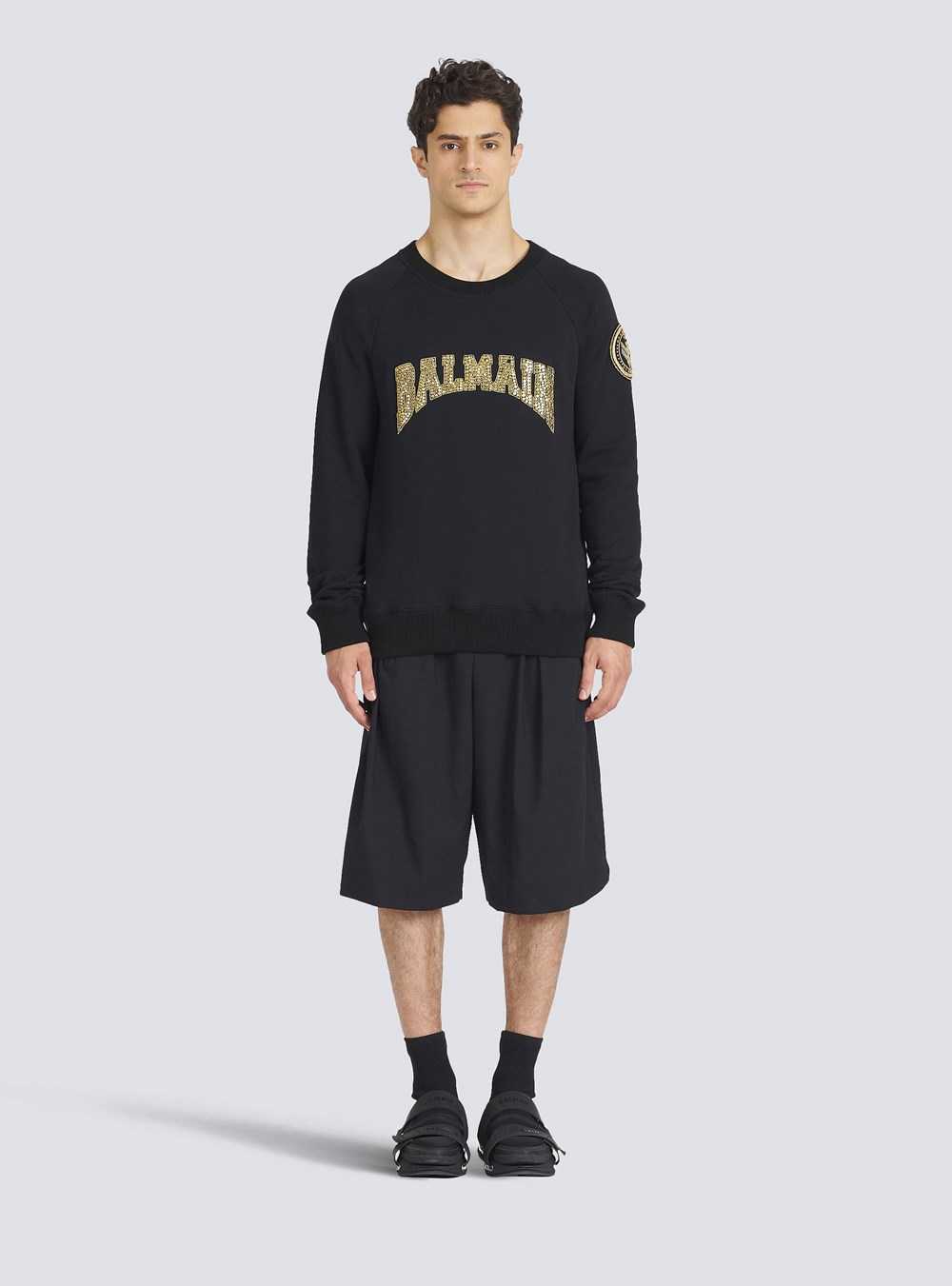 Balmain Cotton Sweatshirt With Embroidered Gold-tone Balmain Paris Logo Gold | ZELKMBG-02