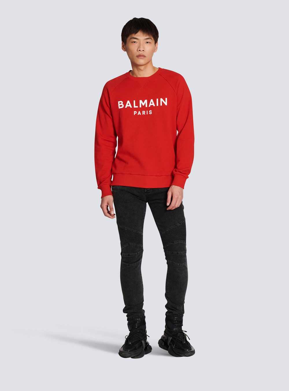 Balmain Cotton Sweatshirt With Flocked Balmain Paris Logo Red | HDFNJIG-69