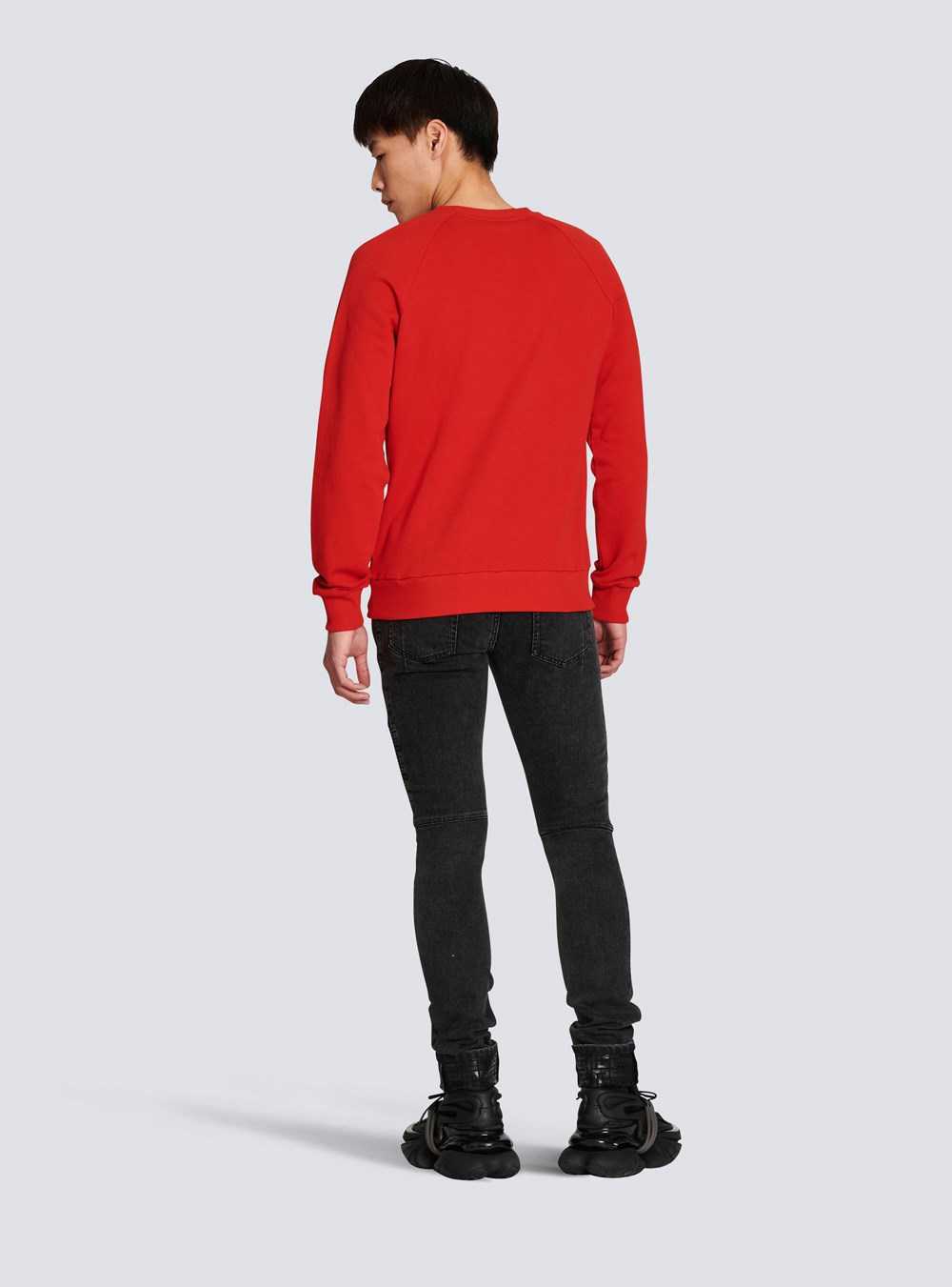 Balmain Cotton Sweatshirt With Flocked Balmain Paris Logo Red | HDFNJIG-69