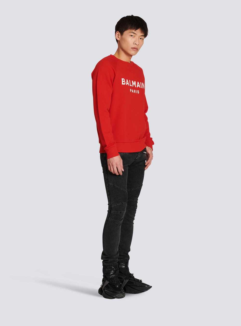 Balmain Cotton Sweatshirt With Flocked Balmain Paris Logo Red | HDFNJIG-69