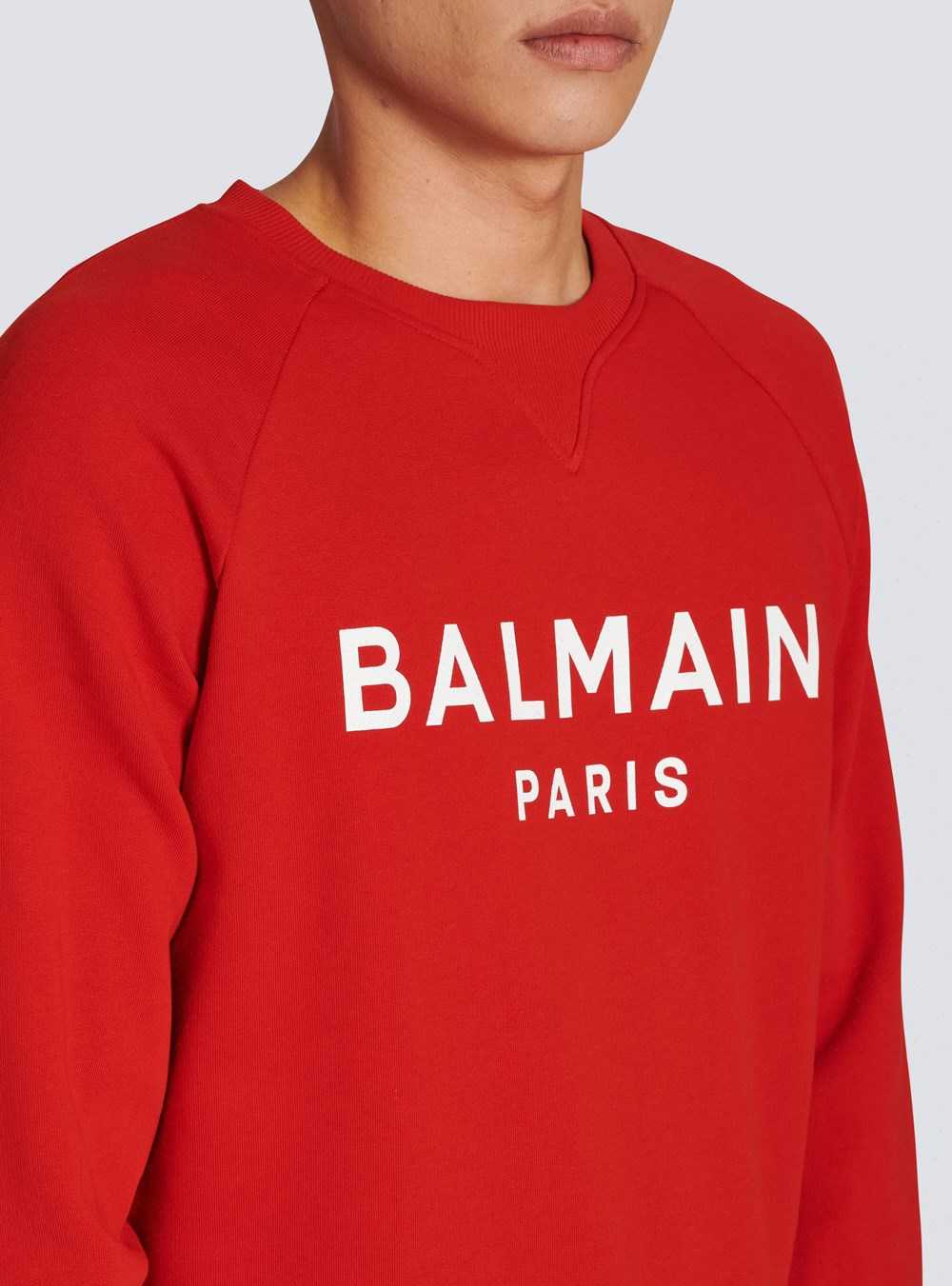 Balmain Cotton Sweatshirt With Flocked Balmain Paris Logo Red | HDFNJIG-69