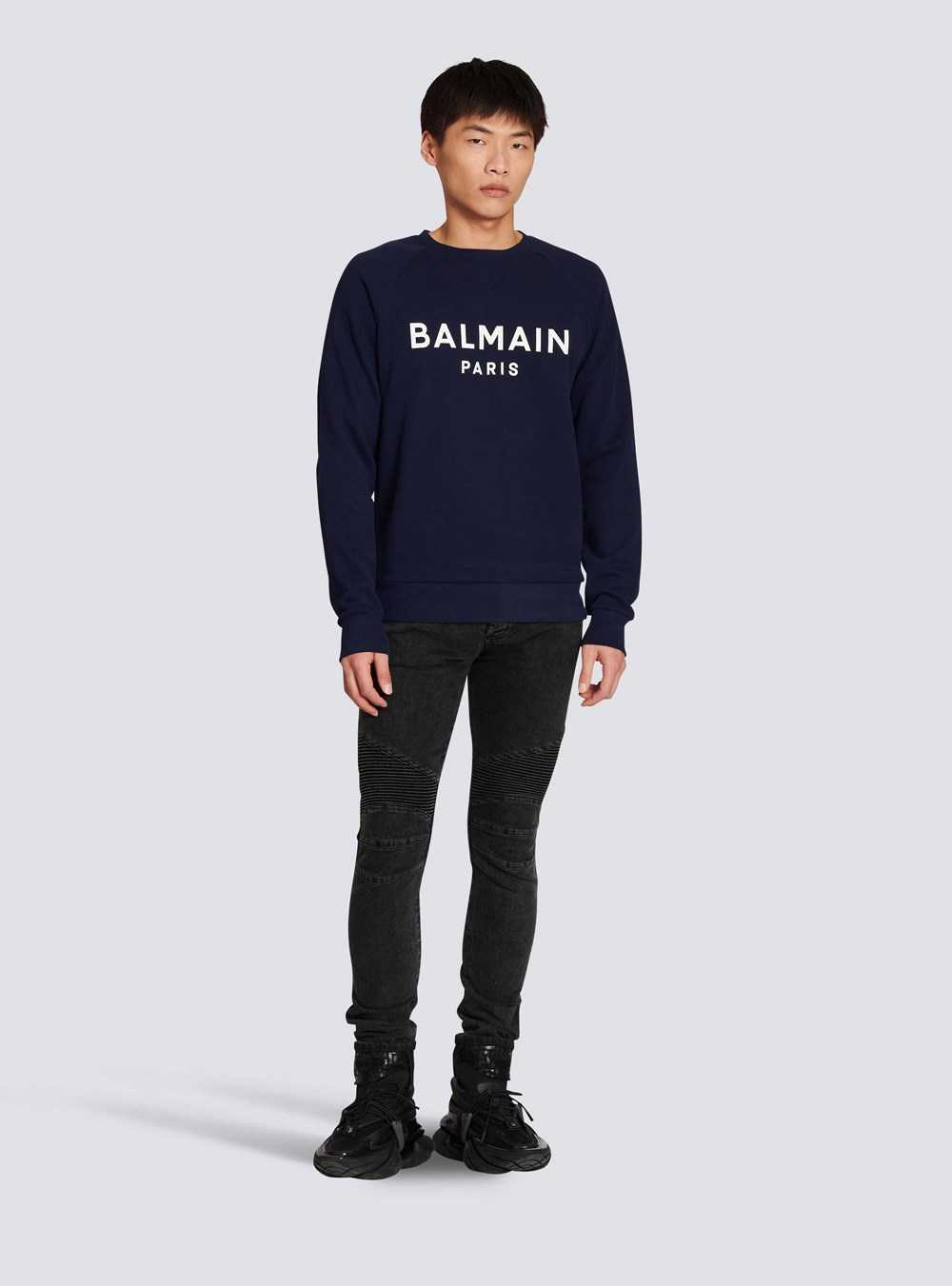 Balmain Cotton Sweatshirt With Flocked Balmain Paris Logo Navy | XTUVLWY-84