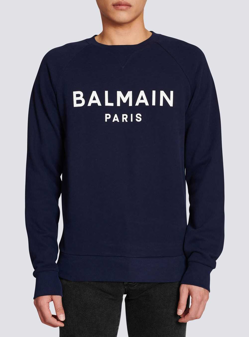 Balmain Cotton Sweatshirt With Flocked Balmain Paris Logo Navy | XTUVLWY-84