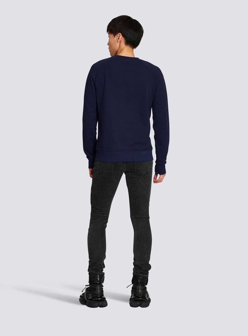 Balmain Cotton Sweatshirt With Flocked Balmain Paris Logo Navy | XTUVLWY-84