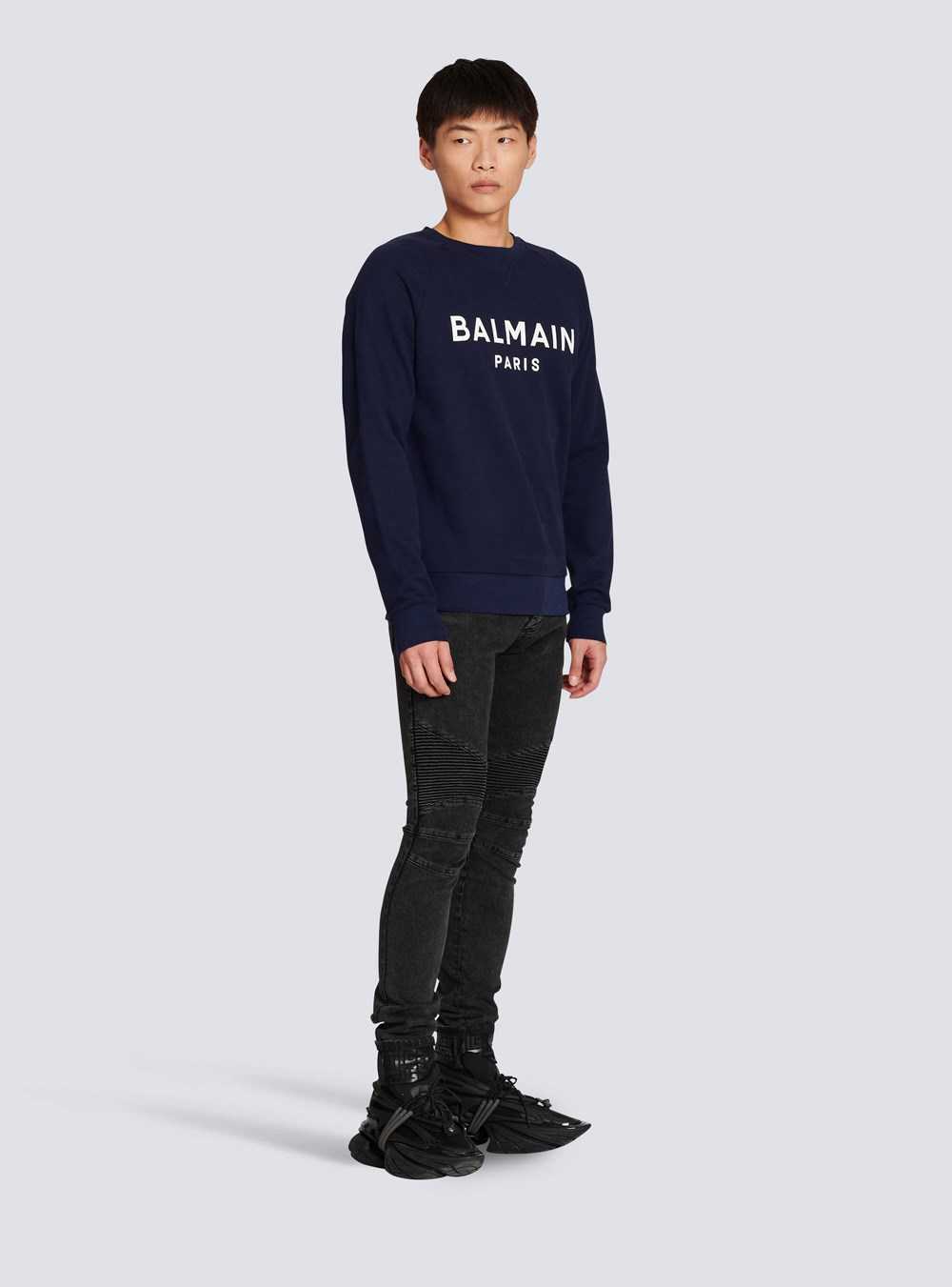 Balmain Cotton Sweatshirt With Flocked Balmain Paris Logo Navy | XTUVLWY-84