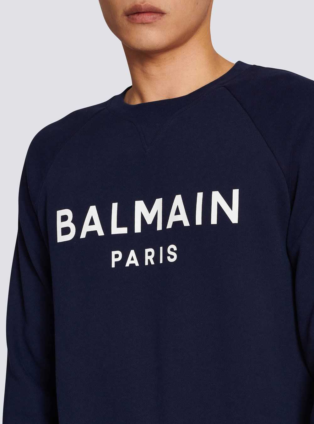 Balmain Cotton Sweatshirt With Flocked Balmain Paris Logo Navy | XTUVLWY-84