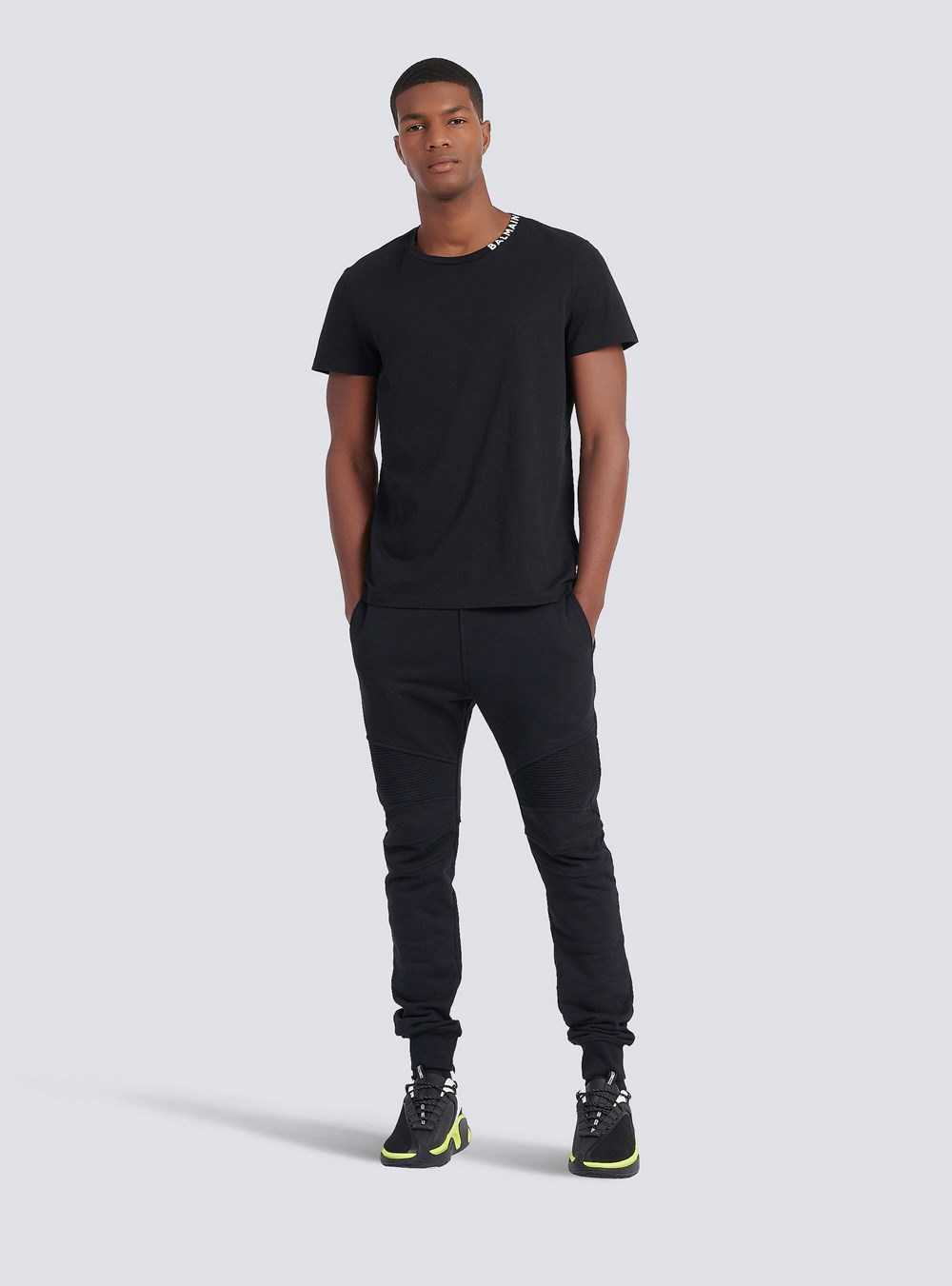 Balmain Cotton T-shirt With Balmain Logo Print Neckline Black | TRCDVLW-82