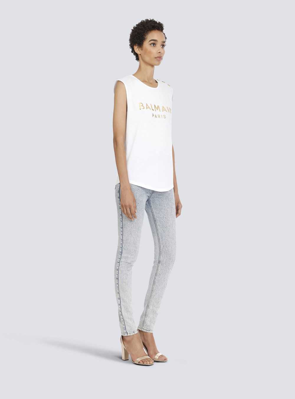 Balmain Cotton T-shirt With Balmain Logo Print White | USPZJDT-43