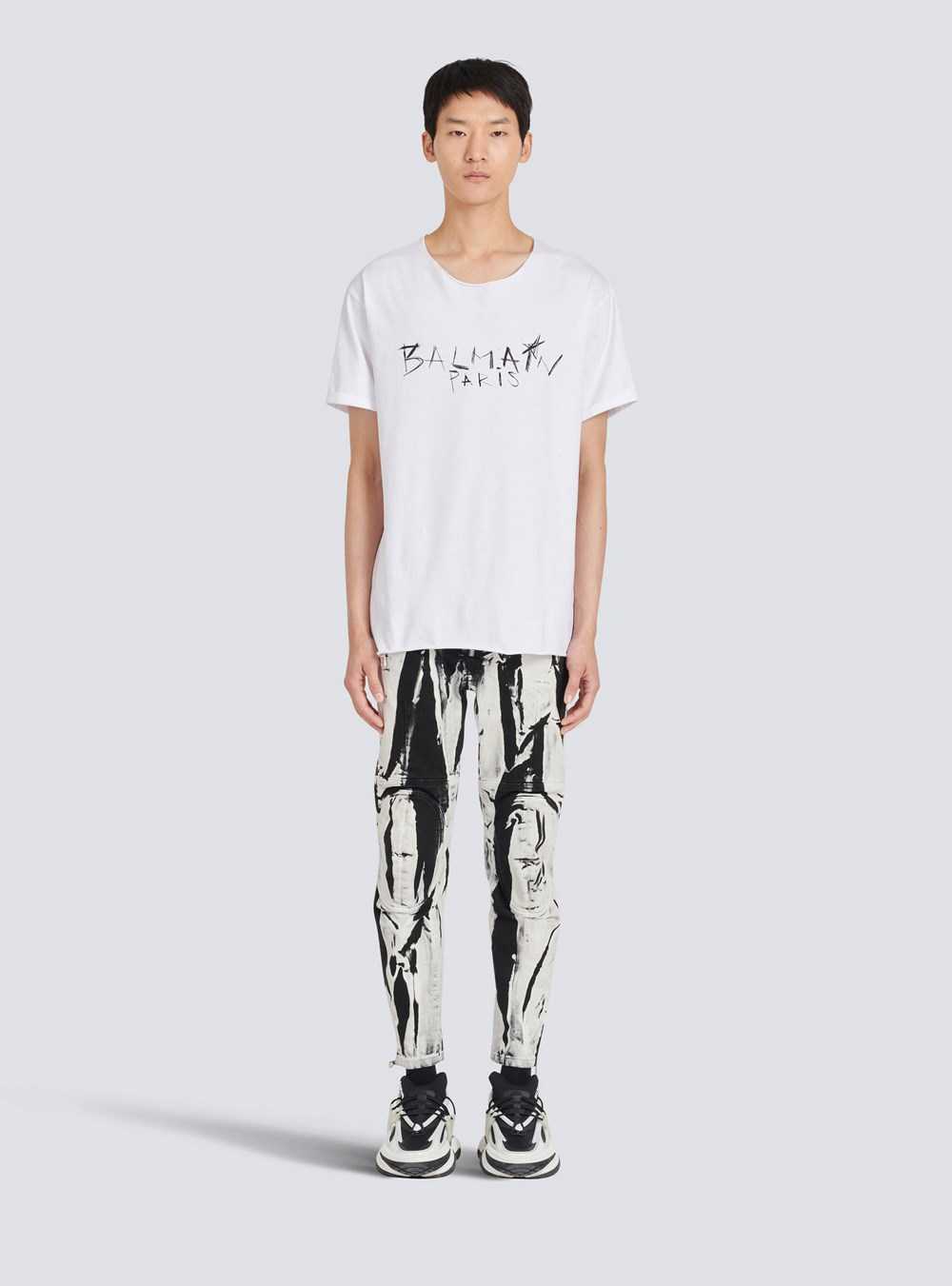 Balmain Cotton T-shirt With Balmain Paris Graffiti Logo Print White | WINBATY-81