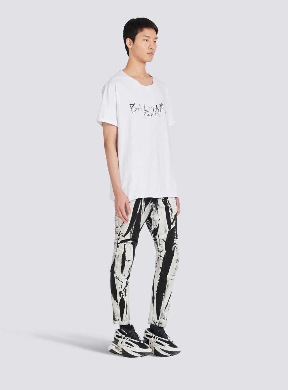 Balmain Cotton T-shirt With Balmain Paris Graffiti Logo Print White | WINBATY-81