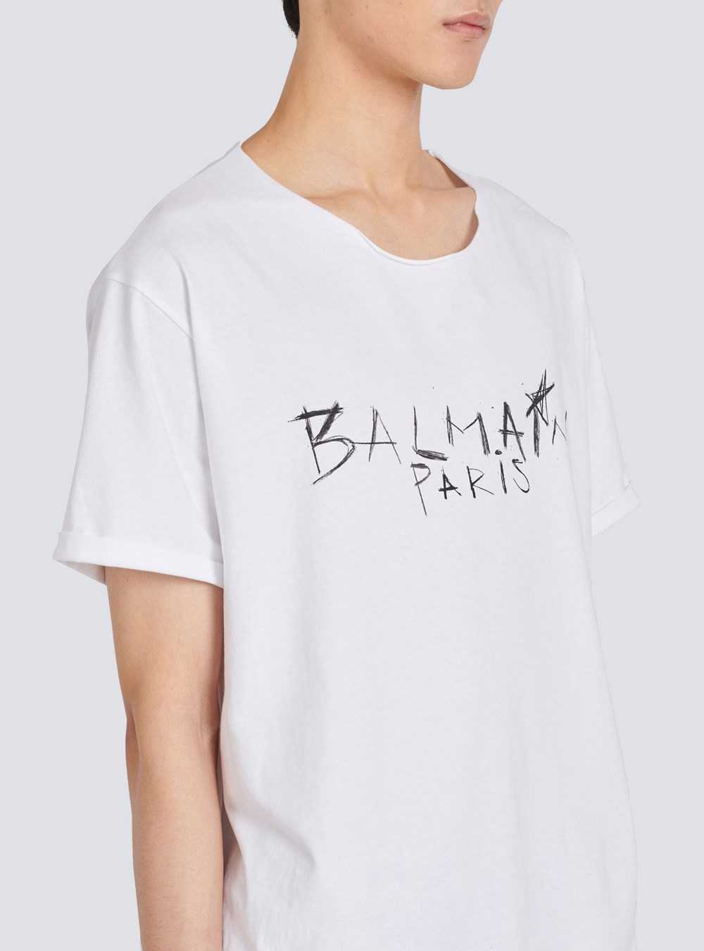 Balmain Cotton T-shirt With Balmain Paris Graffiti Logo Print White | WINBATY-81