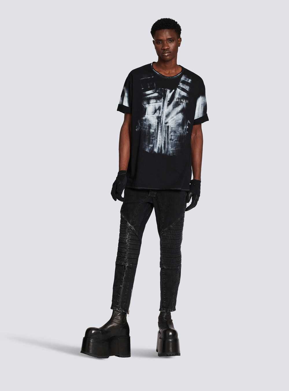 Balmain Cotton T-shirt With Body Armour Print Black | EZXAYNP-49