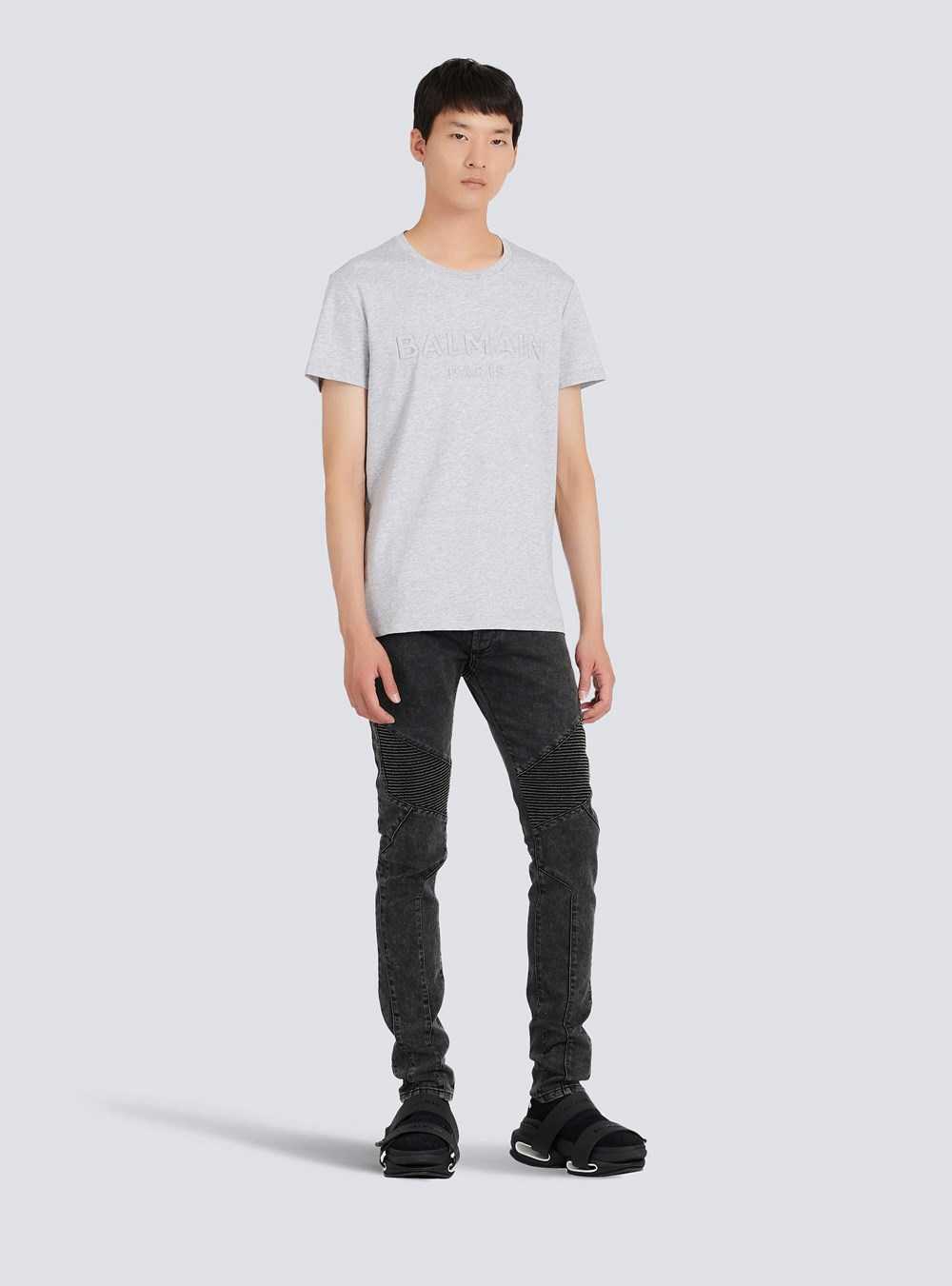 Balmain Cotton T-shirt With Embossed Balmain Paris Logo Grey | RDZOGSN-29