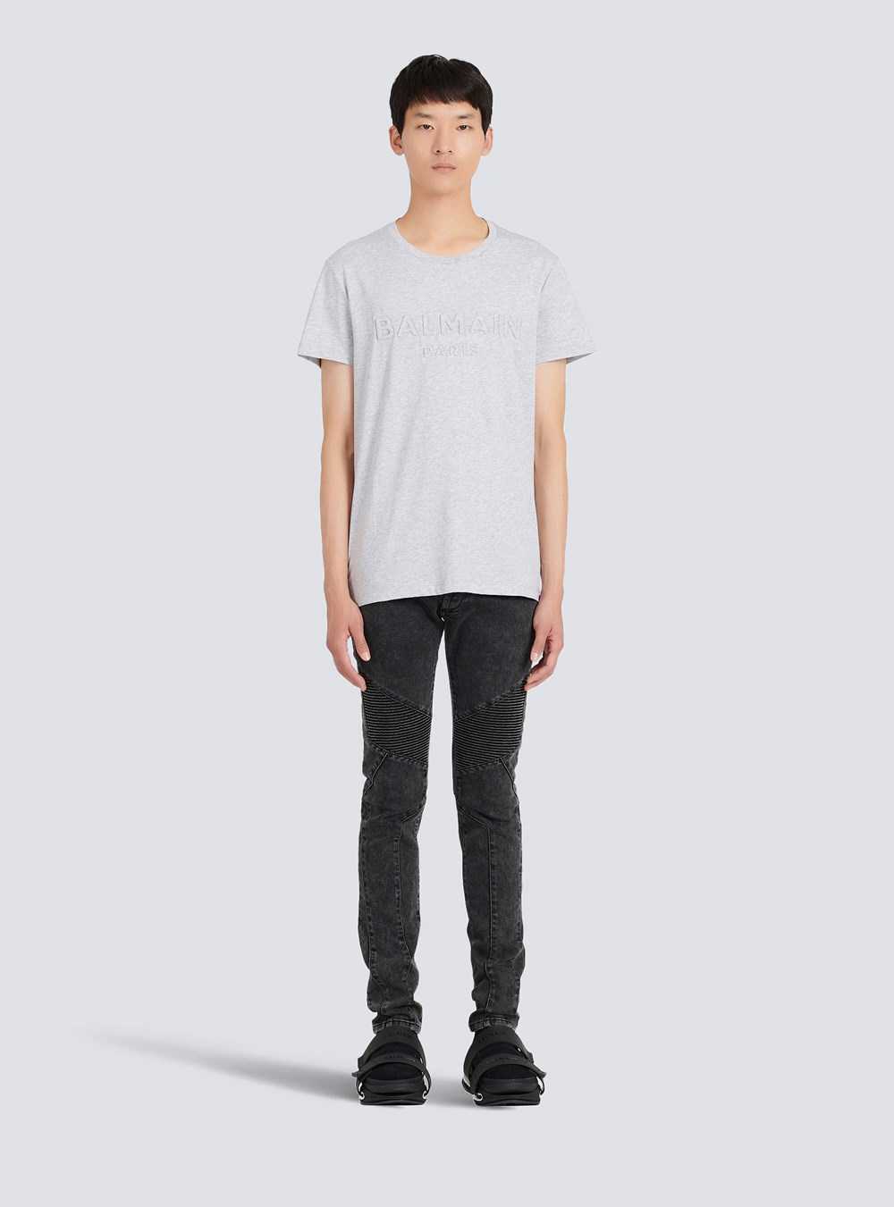 Balmain Cotton T-shirt With Embossed Balmain Paris Logo Grey | RDZOGSN-29