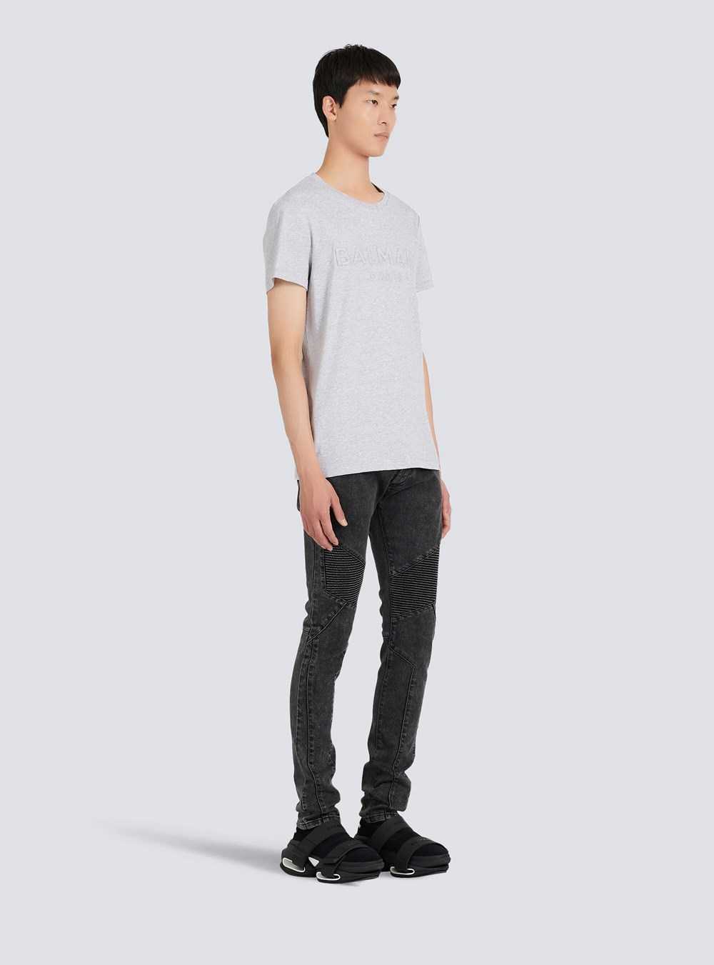 Balmain Cotton T-shirt With Embossed Balmain Paris Logo Grey | RDZOGSN-29