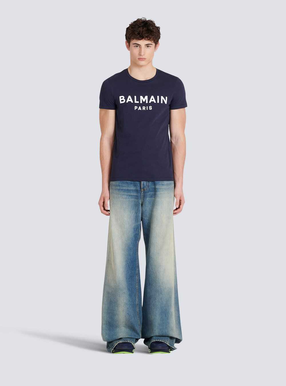 Balmain Cotton T-shirt With Flocked Balmain Medallion Navy | GEYFBDN-21