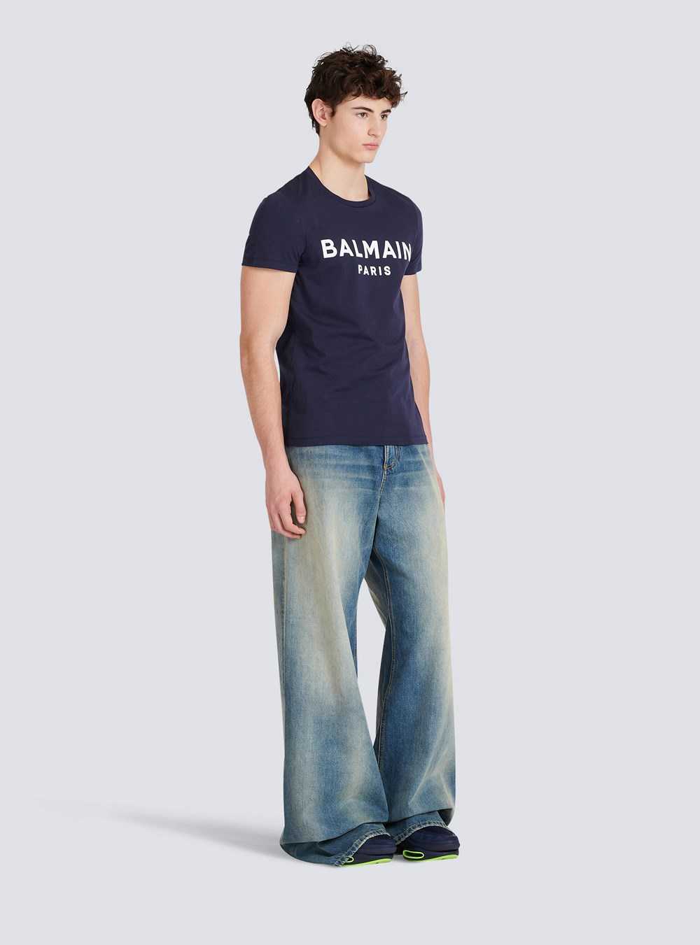 Balmain Cotton T-shirt With Flocked Balmain Medallion Navy | GEYFBDN-21