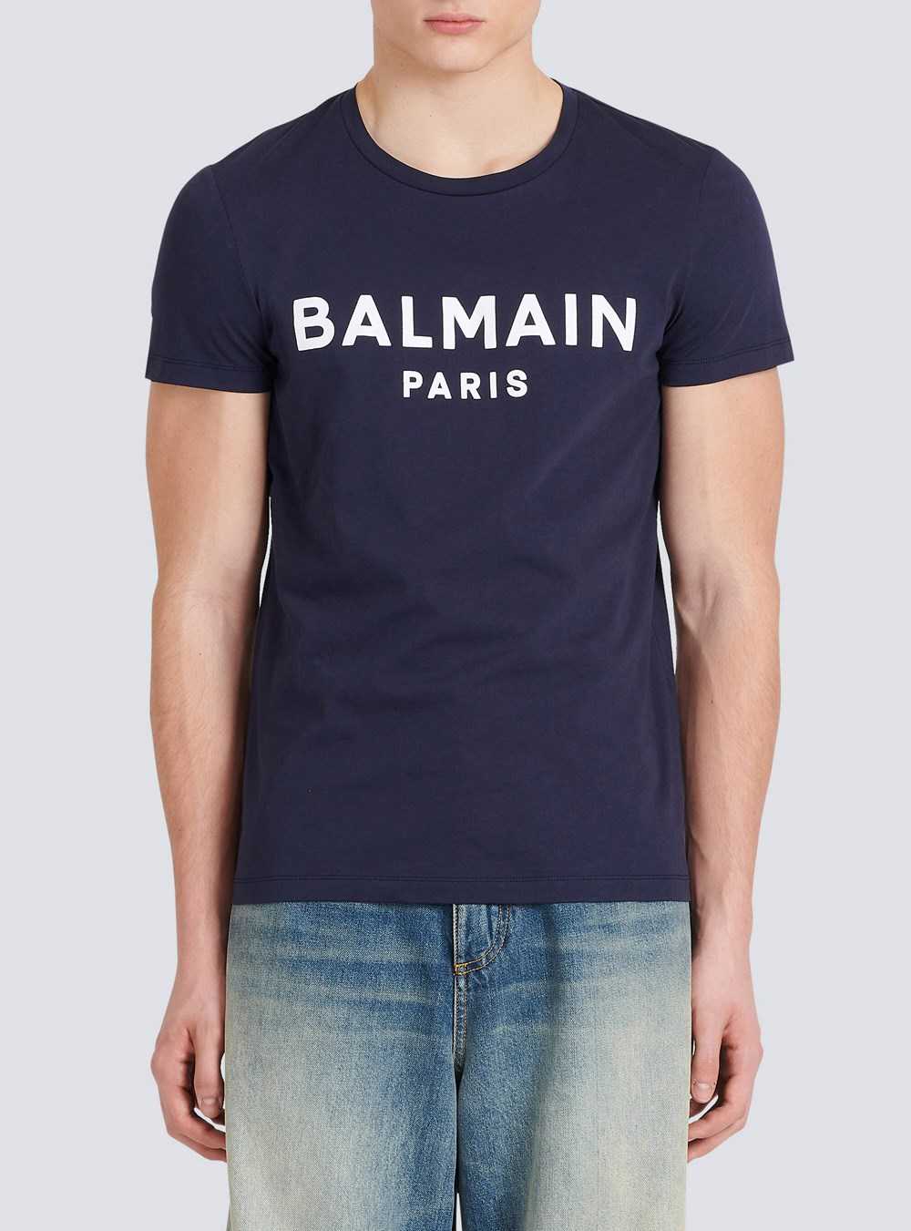 Balmain Cotton T-shirt With Flocked Balmain Medallion Navy | GEYFBDN-21