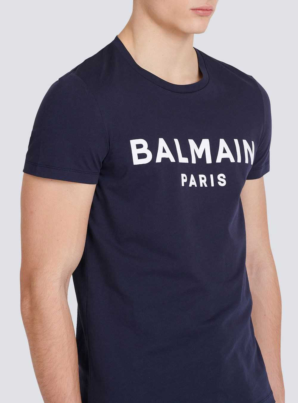 Balmain Cotton T-shirt With Flocked Balmain Medallion Navy | GEYFBDN-21