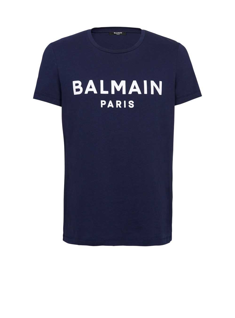 Balmain Cotton T-shirt With Flocked Balmain Medallion Navy | GEYFBDN-21