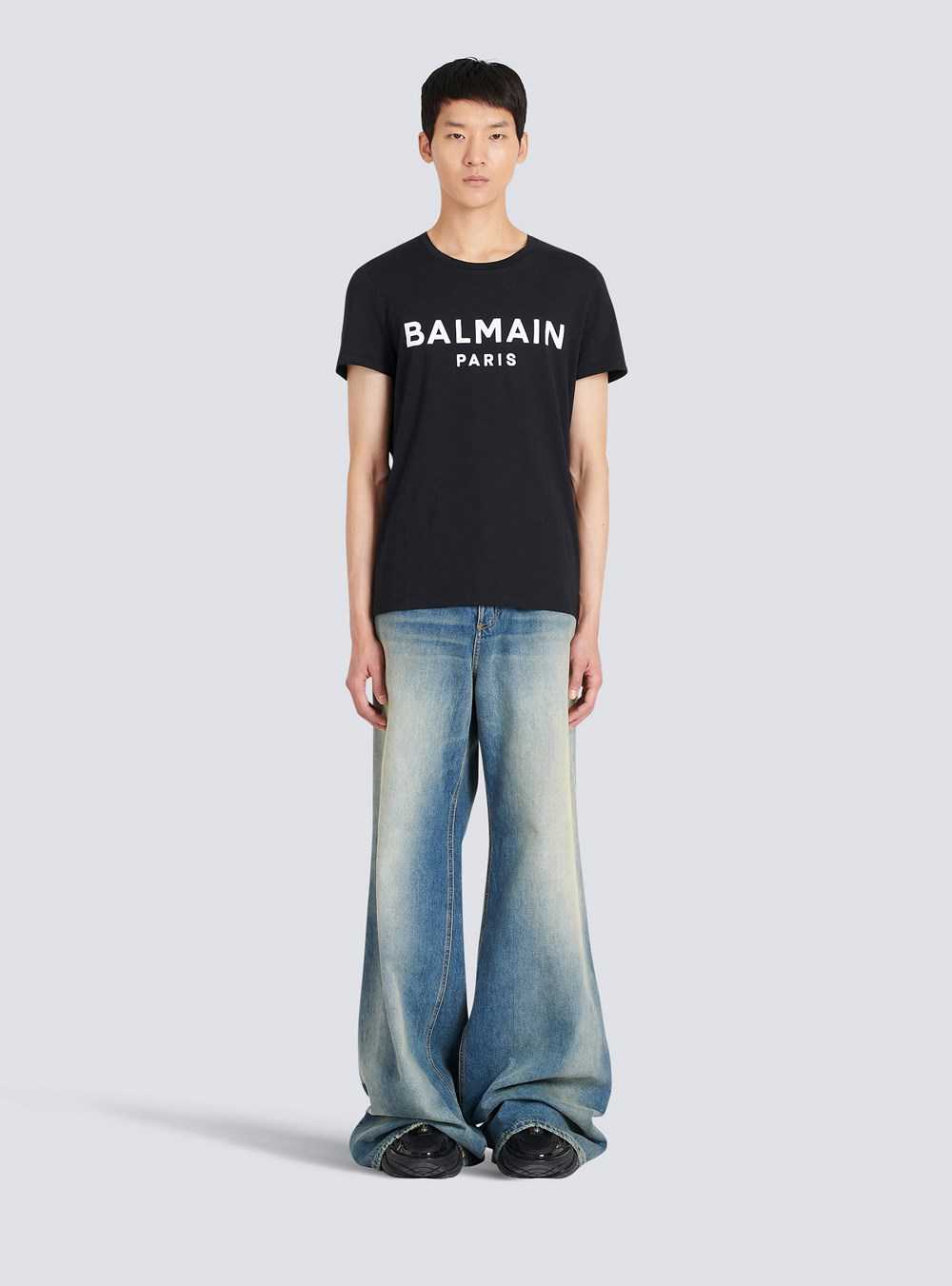 Balmain Cotton T-shirt With Flocked Balmain Medallion Black | RPAXGTN-21