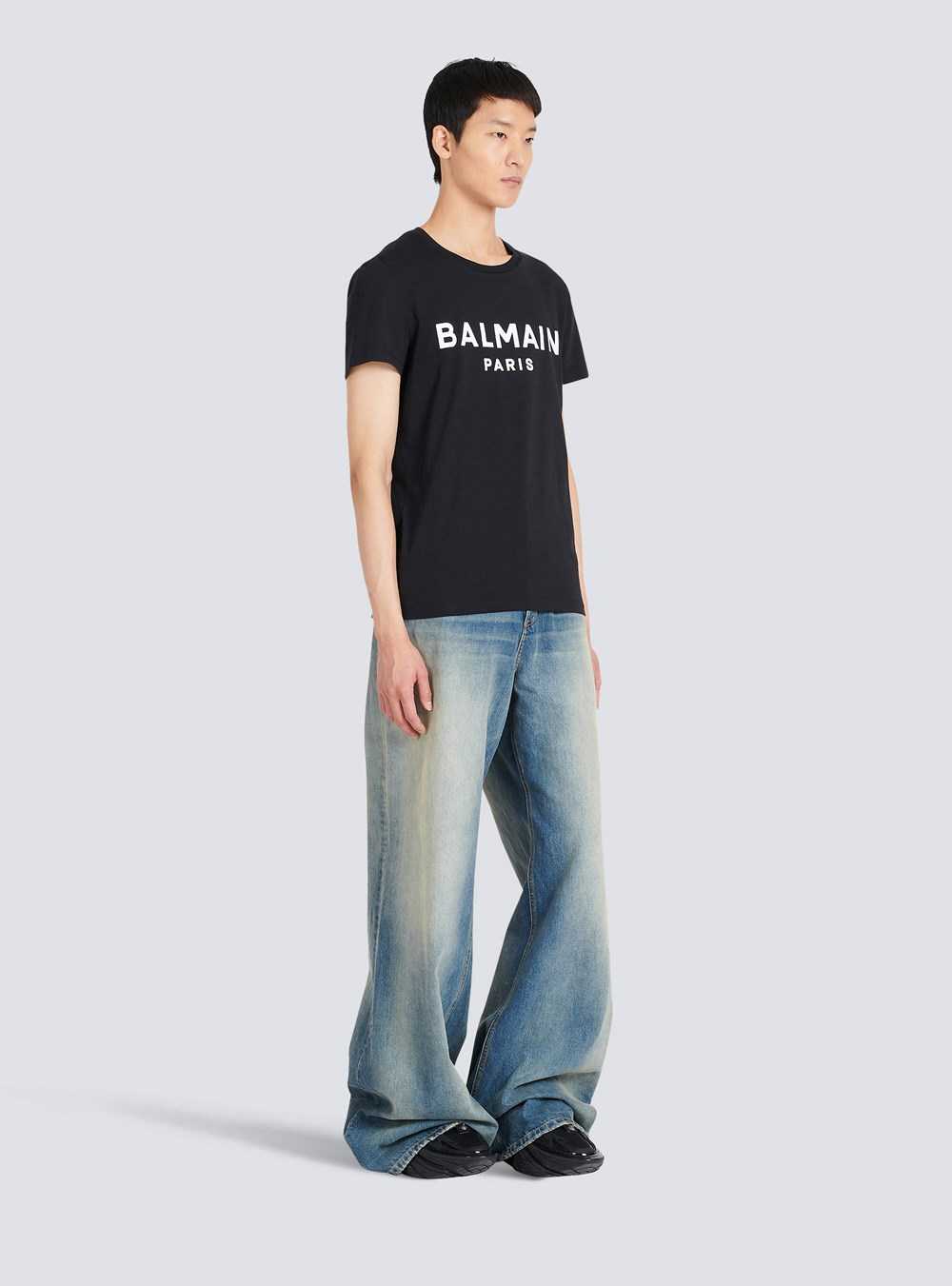 Balmain Cotton T-shirt With Flocked Balmain Medallion Black | RPAXGTN-21