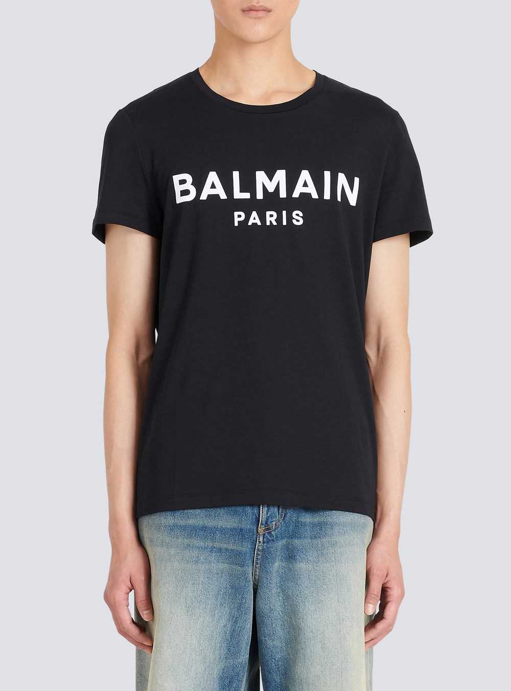 Balmain Cotton T-shirt With Flocked Balmain Medallion Black | RPAXGTN-21