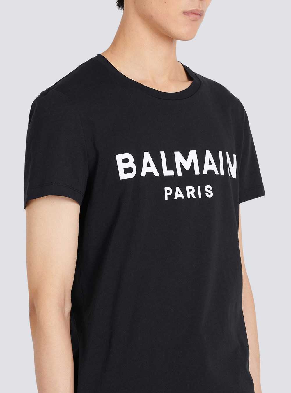 Balmain Cotton T-shirt With Flocked Balmain Medallion Black | RPAXGTN-21