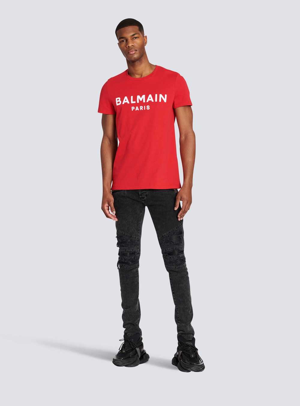 Balmain Cotton T-shirt With Flocked Balmain Medallion Red | SYUMAEK-29