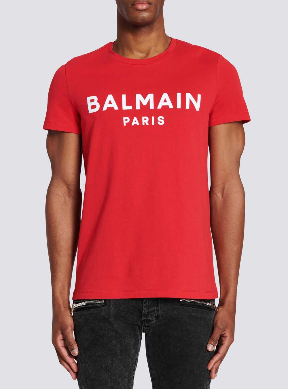 Balmain Cotton T-shirt With Flocked Balmain Medallion Red | SYUMAEK-29