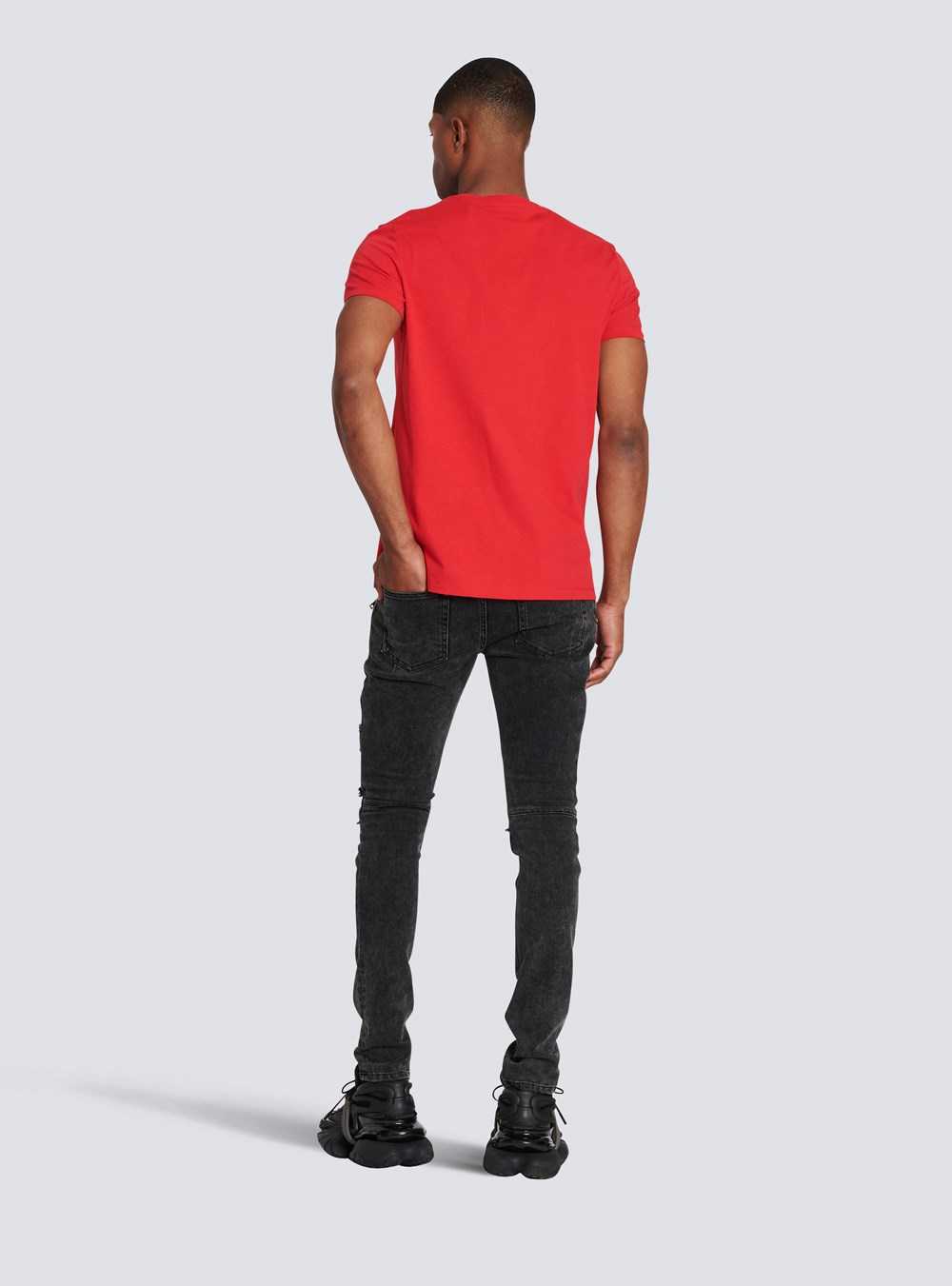 Balmain Cotton T-shirt With Flocked Balmain Medallion Red | SYUMAEK-29