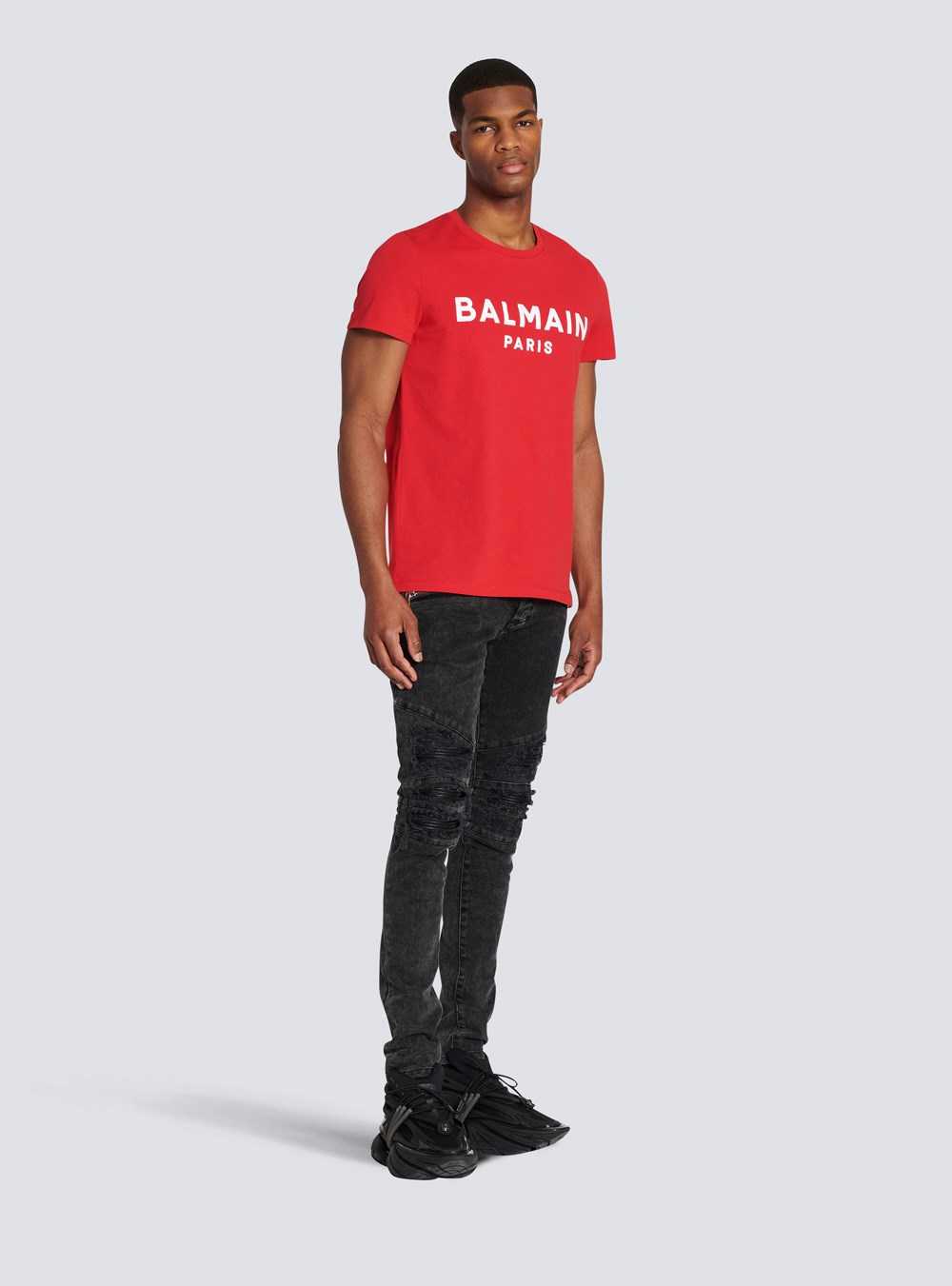 Balmain Cotton T-shirt With Flocked Balmain Medallion Red | SYUMAEK-29