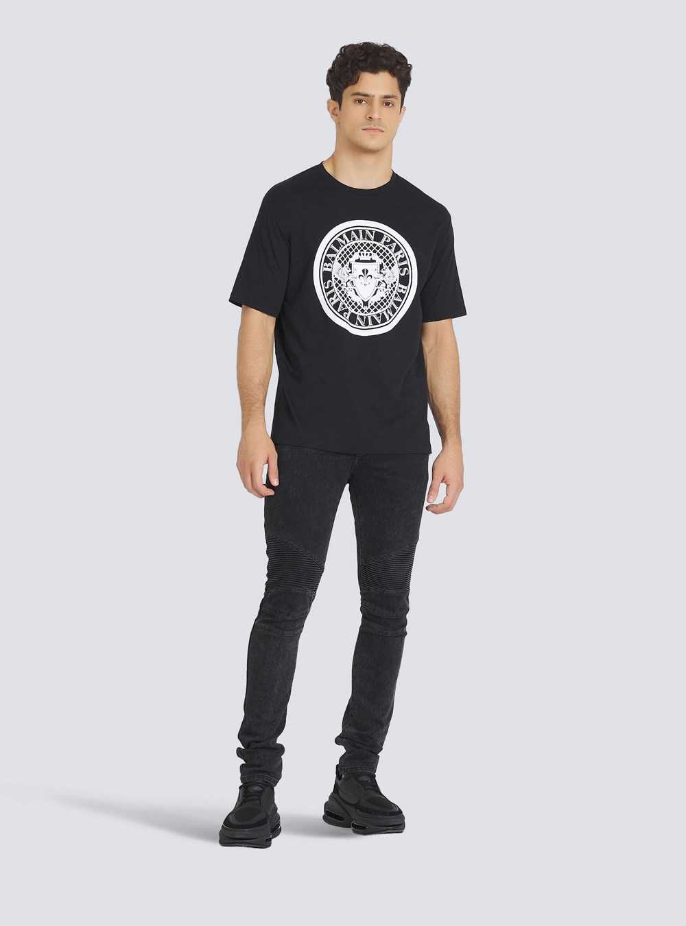 Balmain Cotton T-shirt With Flocked Balmain Medallion Black | TRNYUHW-27