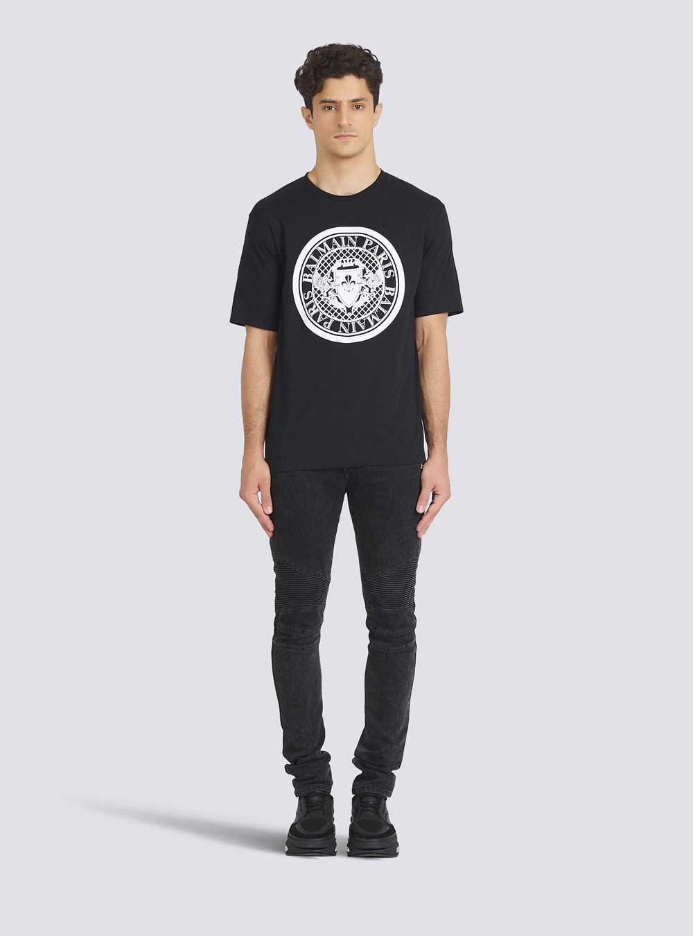 Balmain Cotton T-shirt With Flocked Balmain Medallion Black | TRNYUHW-27