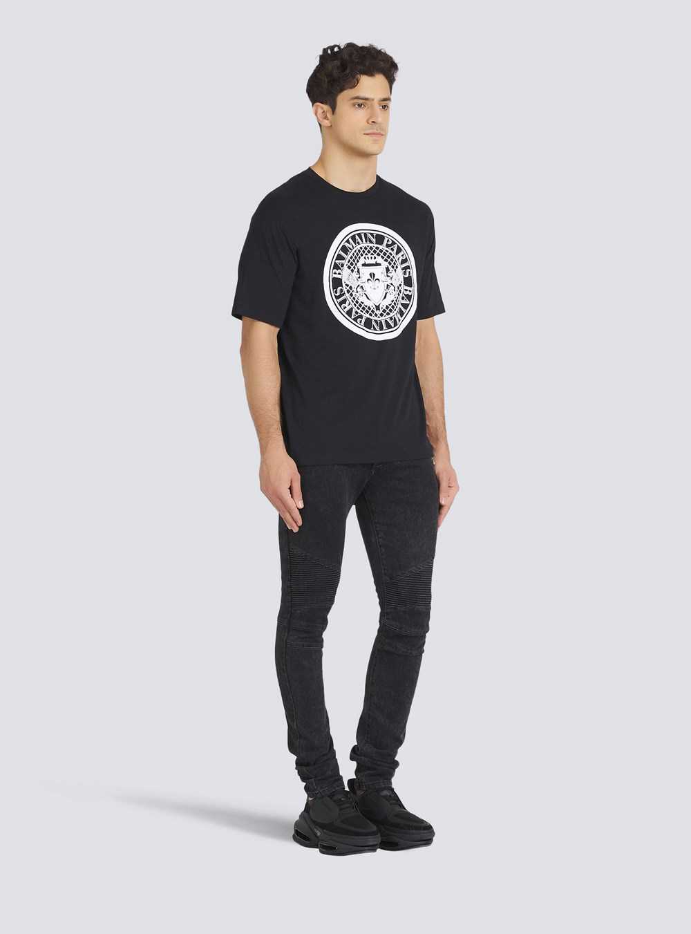 Balmain Cotton T-shirt With Flocked Balmain Medallion Black | TRNYUHW-27