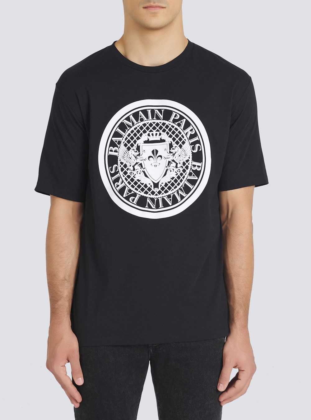 Balmain Cotton T-shirt With Flocked Balmain Medallion Black | TRNYUHW-27