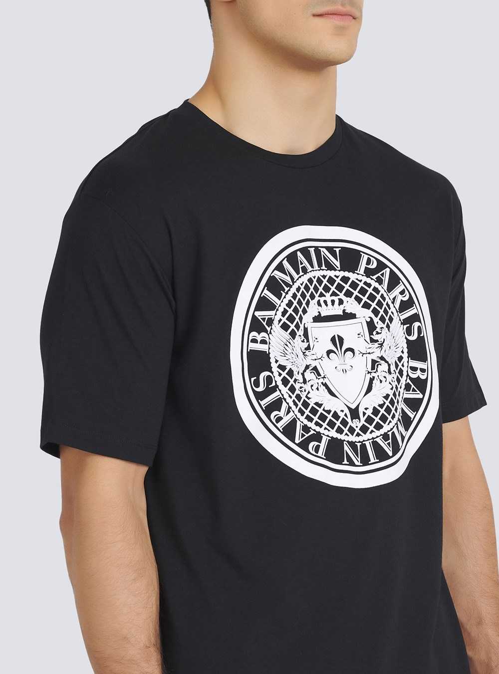 Balmain Cotton T-shirt With Flocked Balmain Medallion Black | TRNYUHW-27