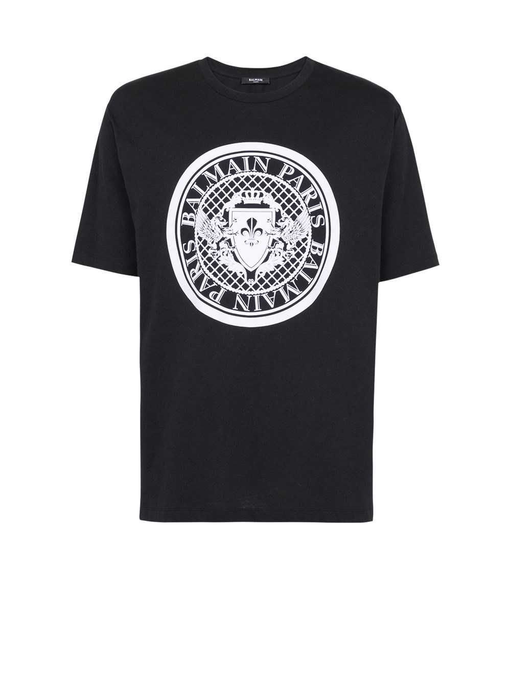 Balmain Cotton T-shirt With Flocked Balmain Medallion Black | TRNYUHW-27