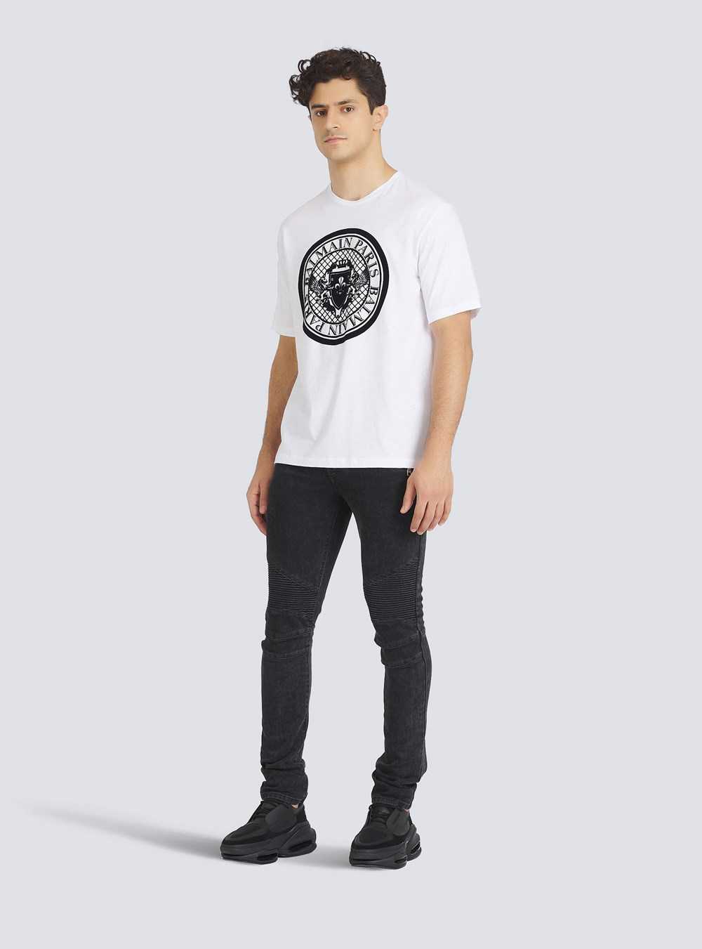 Balmain Cotton T-shirt With Flocked Balmain Medallion White | UZVOLTS-84