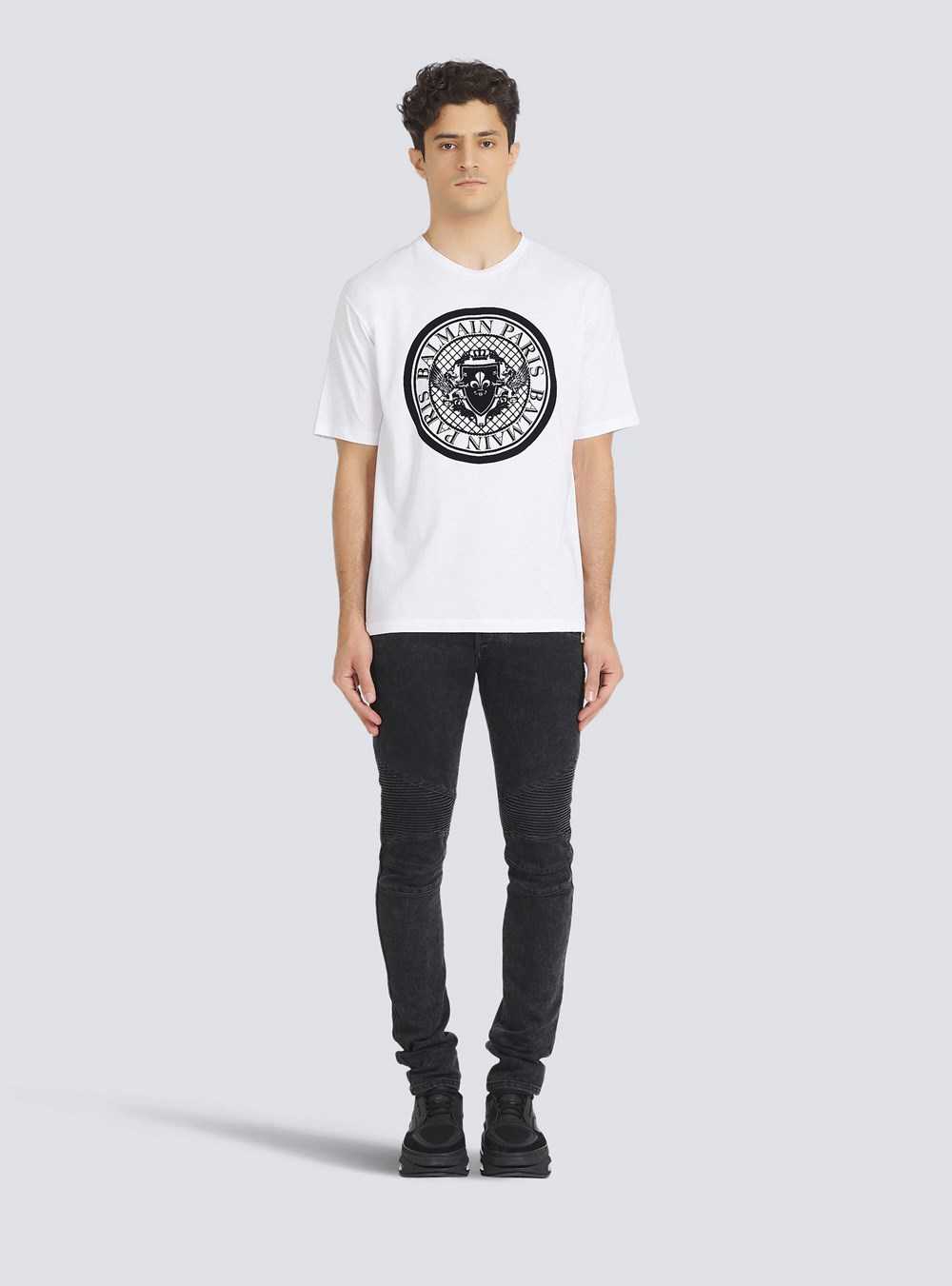 Balmain Cotton T-shirt With Flocked Balmain Medallion White | UZVOLTS-84