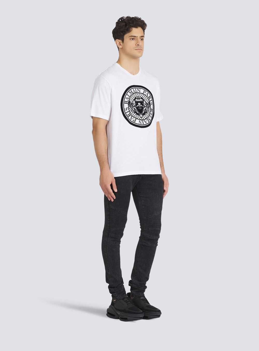 Balmain Cotton T-shirt With Flocked Balmain Medallion White | UZVOLTS-84